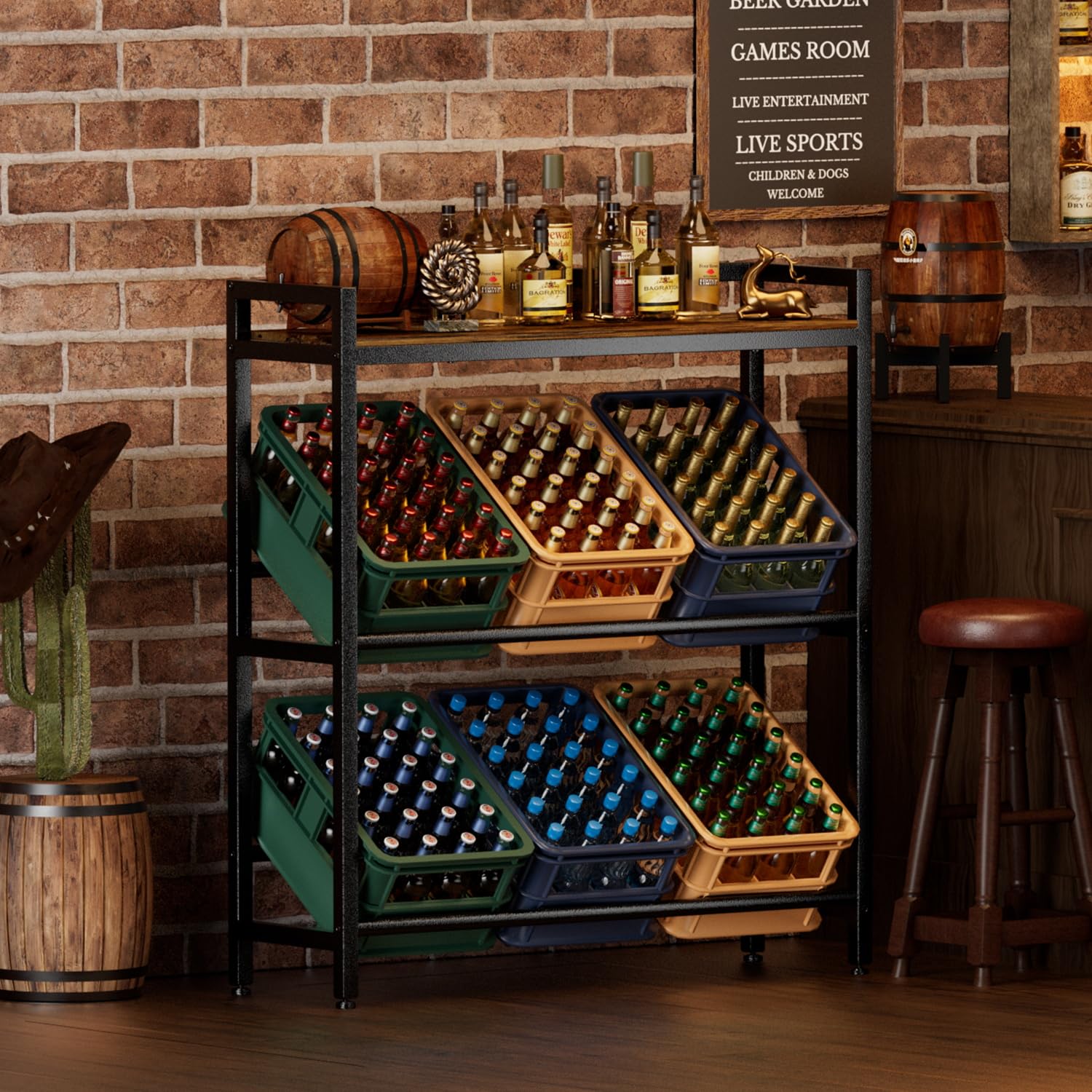 Getränkekistenregal 6 Kisten mit Ablage,33D x 104W x 115H cm Getränkeregal,Stabiler Metall Regal Getränkekisten,Freistehend Bierkisten Regal für Küche Keller Garage,Kistenregal Rustikales Braun 8