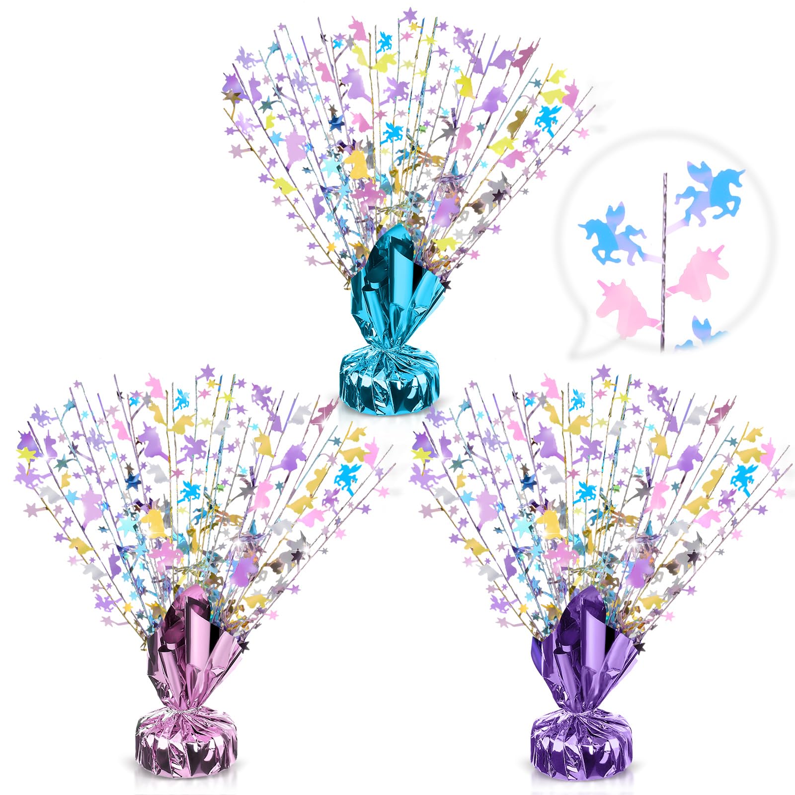 Photo 1 of CraftyDream 3 Pcs Unicorn Table Decorations Rainbow Metallic Gleam Foil Spray Centerpieces Unicorn Model Branches Leaf Glitter Plastic Spray Table Centerpieces for Party Birthday Graduation