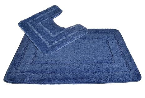 Sockel- und Badematten-Set - 100% Luxus, Mikrofaser-Polyester, schnell trocknendes Toiletten- / Badezimmermatten-Set, Design Allure Bath Fashions Lisa Border, 2-teiliges Badezimmer-Set (Blaufarben)