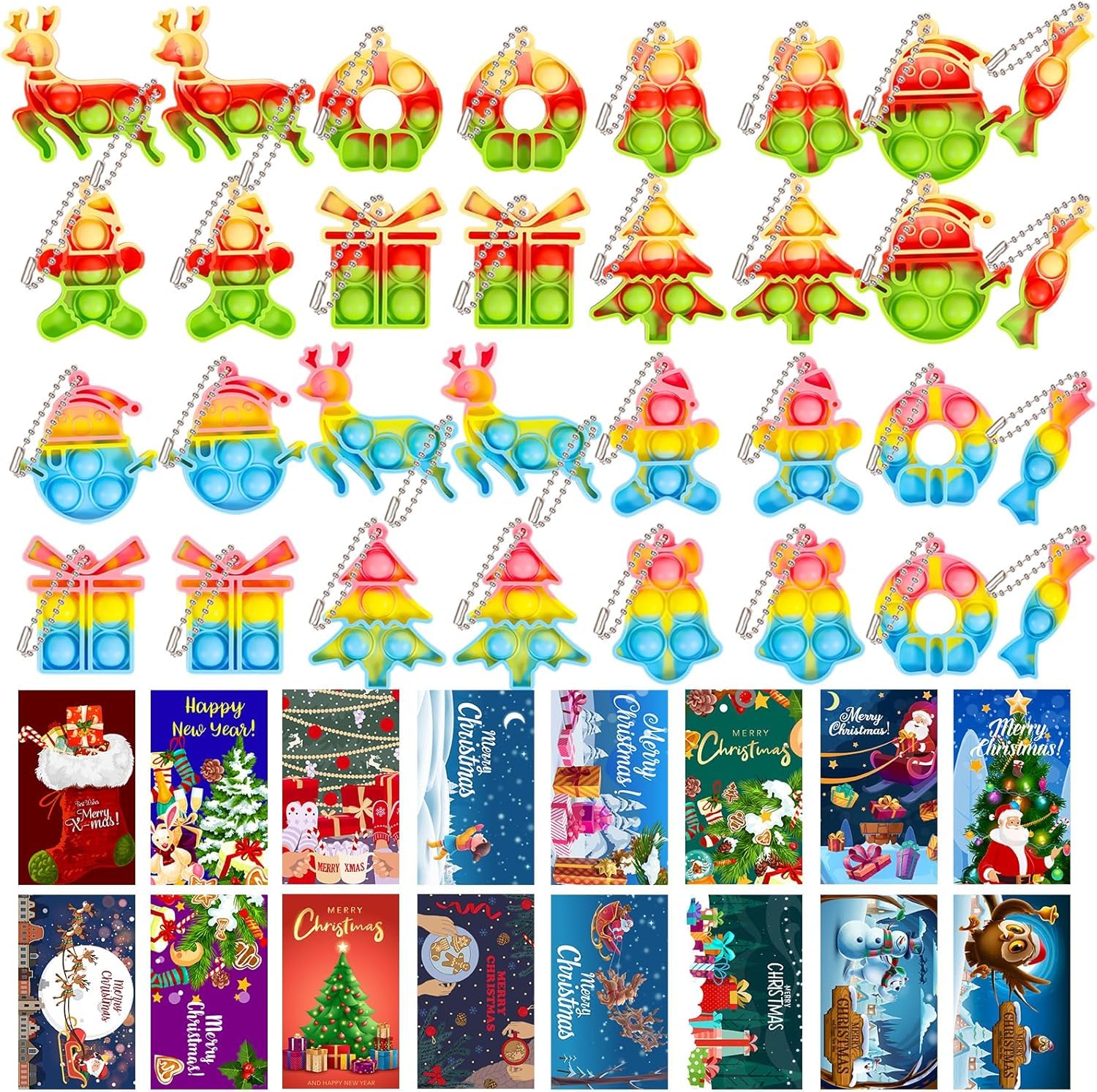 HOUT 32 PCS Pop Keyring Christmas Stocking Fillers for Kids - Party Bag Fillers for Kids with 32 Christmas Cards - Poppet It Fidget Toys Pack - Eve Box Fillers - Party Favours