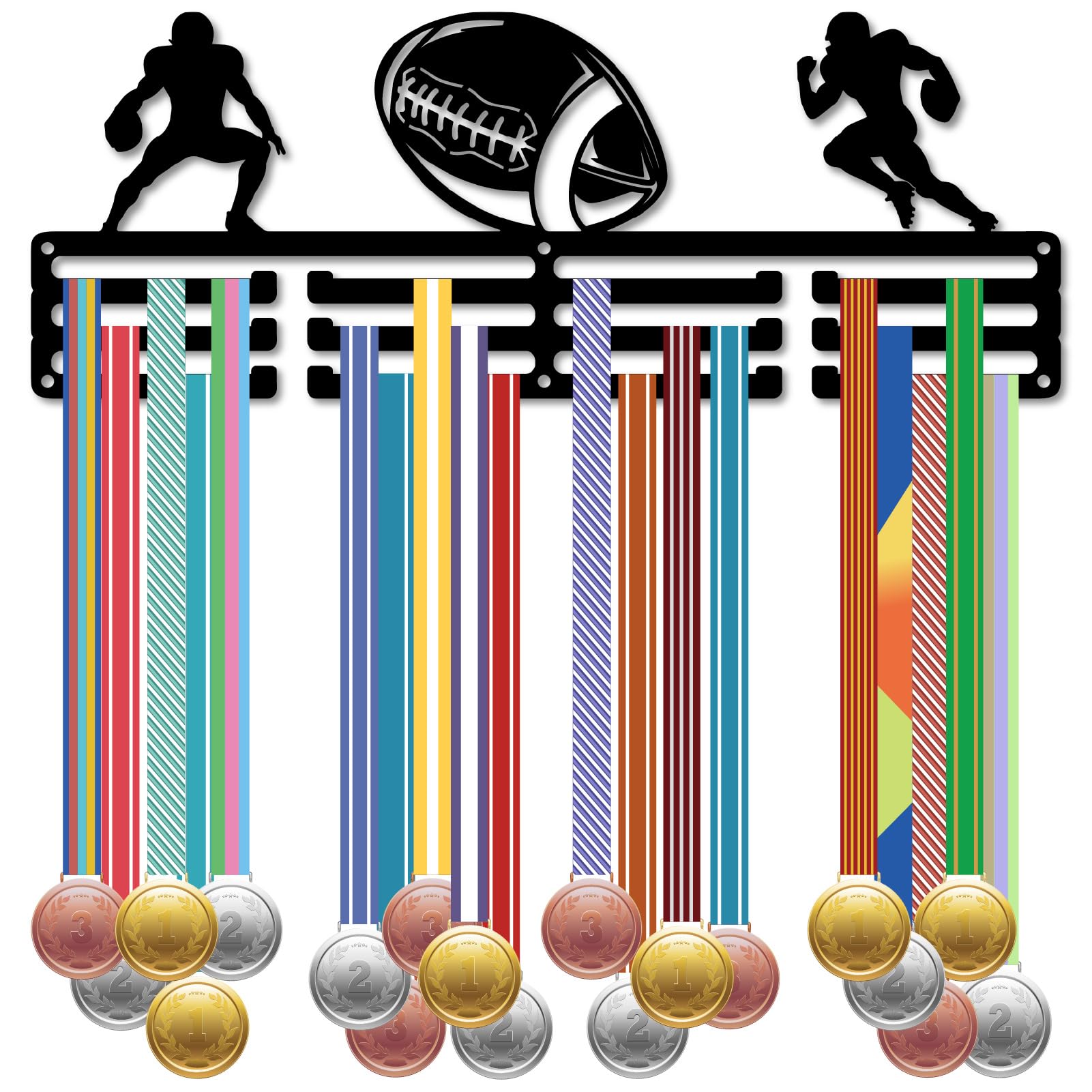 CREATCABIN Rugby Medal Holder Display Medals Hanger Sports Ribbons Organizer Competition Metal Black Rack Frame Shelf Wall Hanging over 60+ Medals for Player Athlete Race Medalists 15.7 x 5.9 Inch