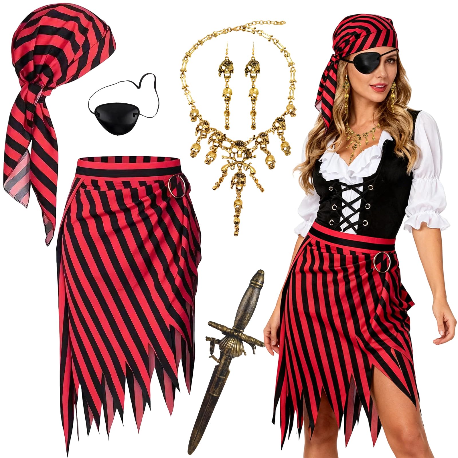 YAEGIMHT Pirate Costume Women, Pirate Dress Sword Head Scarf Skelett Necklace Earrings Eye Patch Belt Accessories, 7 Pcs pirate Costume Accessories for Halloween Karneval Cosplay