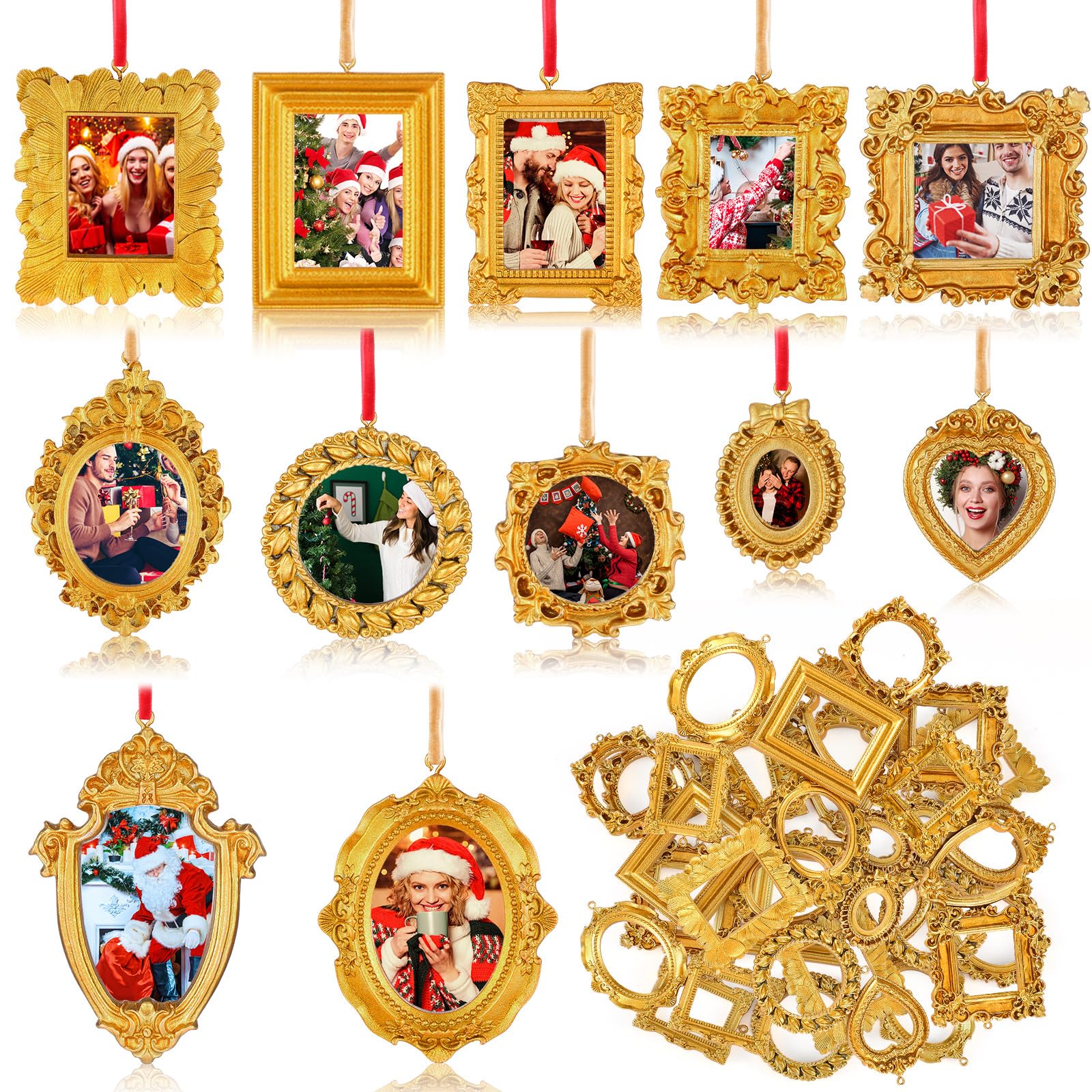 Photo 1 of Thyle 36 Pcs Mini Vintage Gold Picture Frames Ornaments DIY Small Picture Frame Christmas Tree Hanging Ornaments with Velvet Ribbon for Display Photo Christmas Party Decor