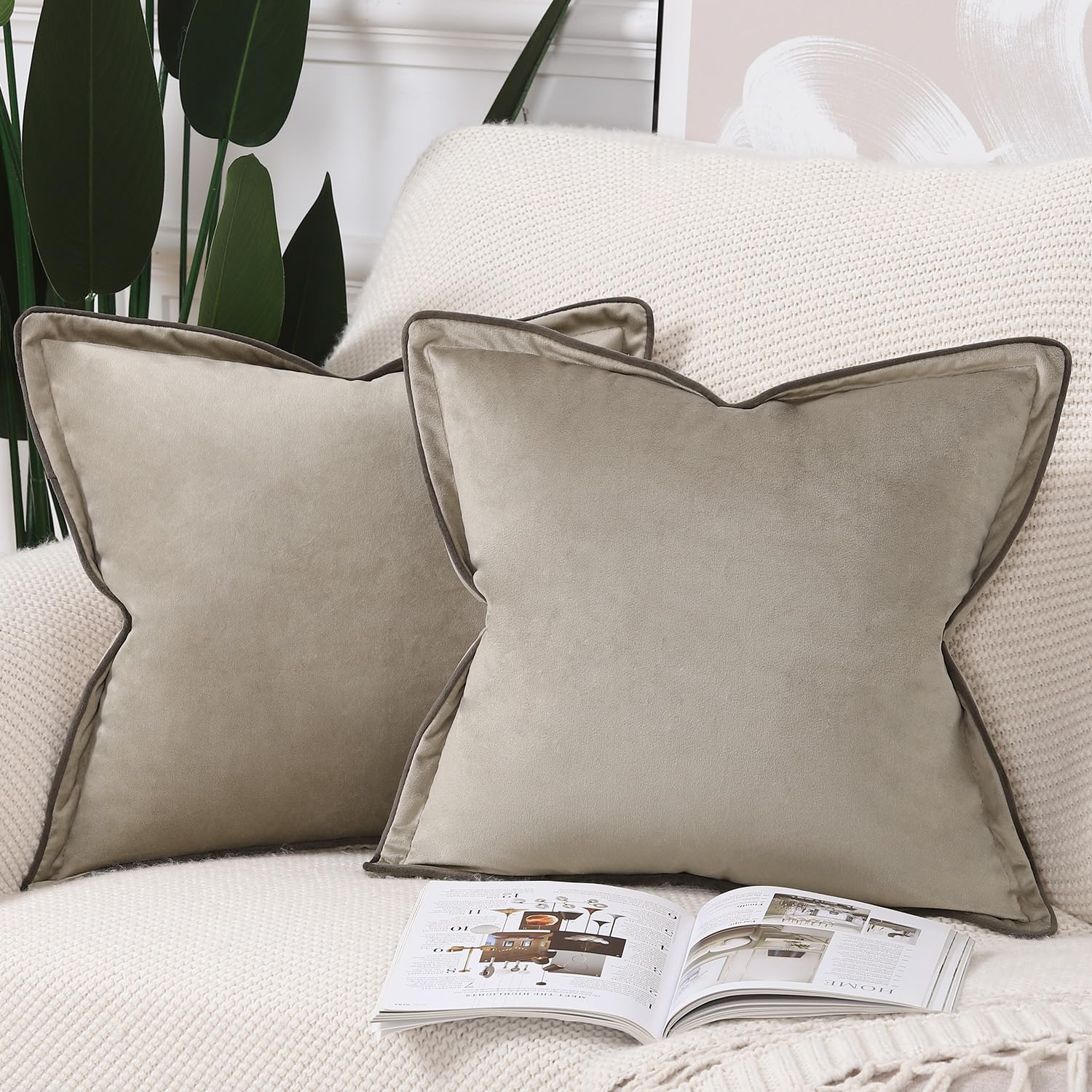 Madizz Set of 2 Velvet Fringed Throw Pillow Covers 20x20 inch, 50x50 cm, Light Taupe Soft Decorative Cushion Cover for Sofa Bedroom Pillow Shell