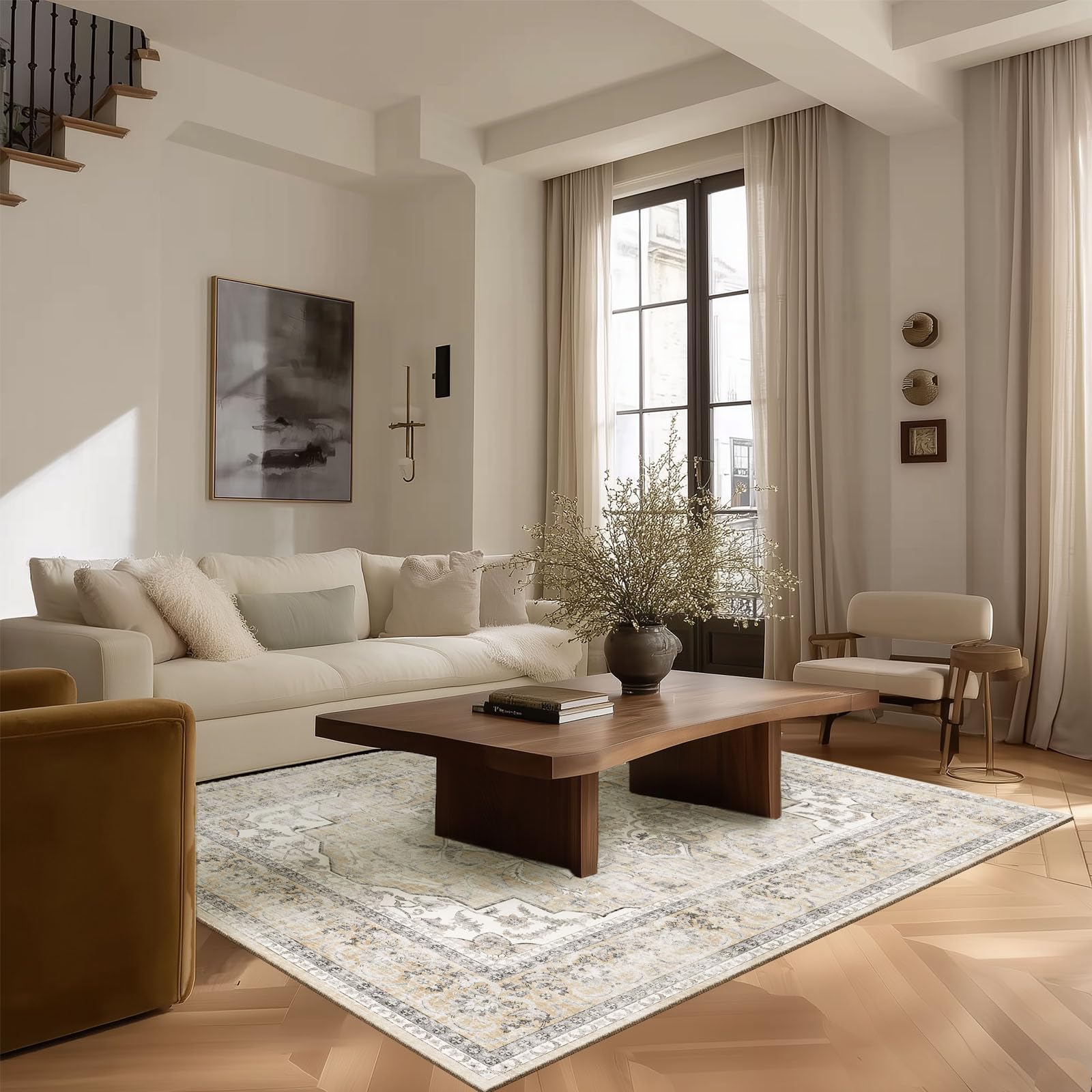 Photo 1 of 4x6 Washable Area Rugs for Bedroom: Entry Throw Rug Stain Resistant Boho Rug Non Slip Low Pile Small Carpet for Bedroom Kitchen Entryway Living Room Bedside Office Dorm Kids Room Entrance