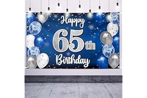 Nelbiirth Happy 65th Birthday Decorations,65th Blue & Silver Balloon Large Birthday Banner Backdrop Sign,65th Bday Party Supplies.