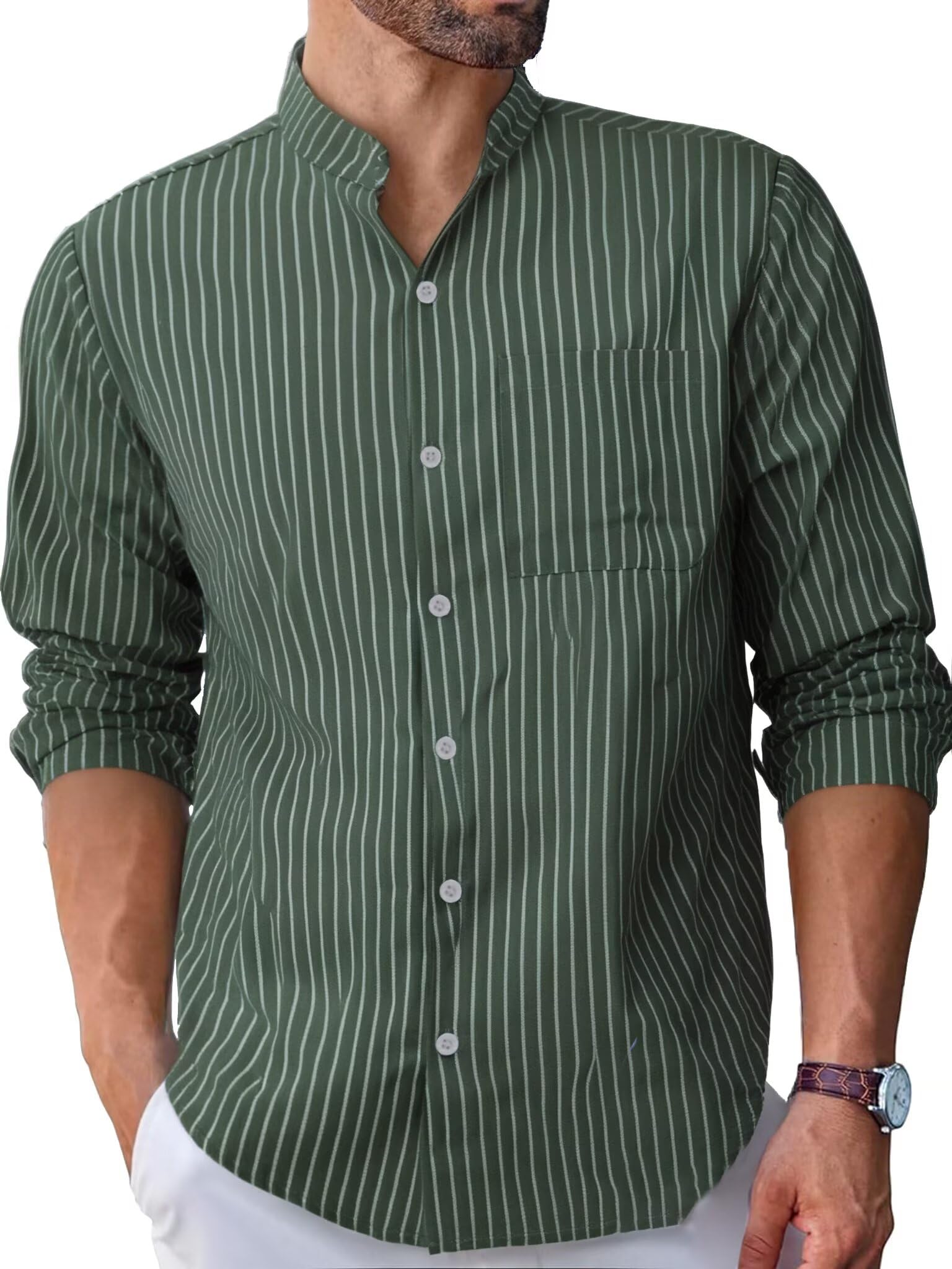Photo 1 of ?Men's Banded Collar Stripe Shirt, Linen Cotton Mandarin Collar Long Sleeve Button Down Shirts Collarless Tops with Pocket for Casual & Business (Green M)
