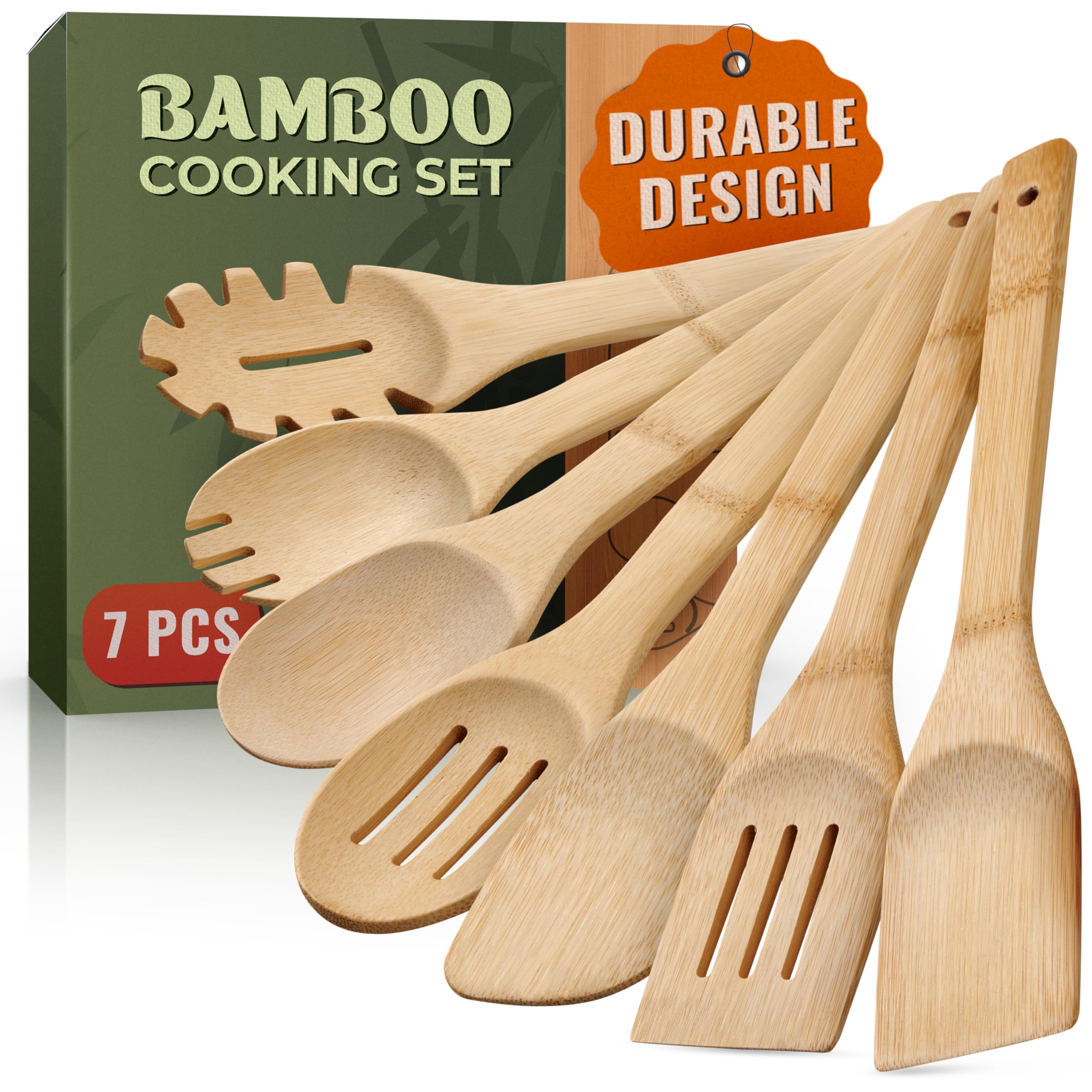 Wooden Utensil Set, Bamboo Utensils – 7 PCs Wood Spoons for Cooking, Easy to Clean, Sturdy, Lightweight & Heat Resistant