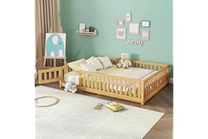 BELLEMAVE Full Size Floor Bed with Slats and Center Support Bar, Montessori Floor Bed with Fence and Door, Kids Montessori Bed Full Size, Wood Montessori Floor Bed for Kids, Girls, Boys(Full Natural)