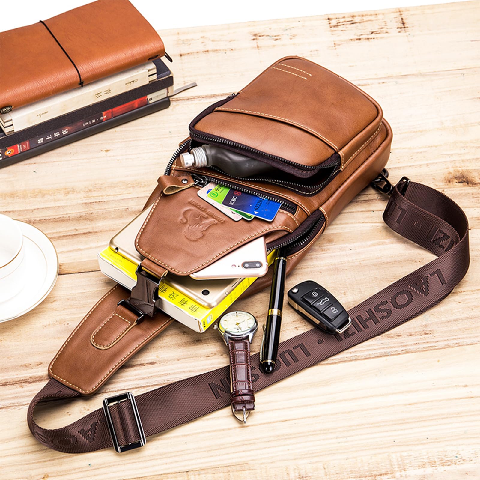pundarika umhängetasche herren leder tasche herren brusttasche crossbody schultertasche männertasche sling bag-Braun 9