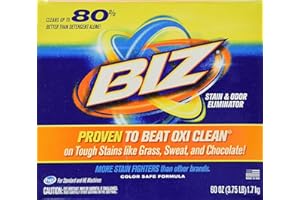 Biz Laundry Detergent Powder Booster, Stain & Odor Eliminator for Tough Stains Like Grass Sweat Chocolate, Enzyme Laundry Booster, Oxygen Bleach Powder, 4 Stain Fighters, Color Safe, HE Safe, 60 Oz