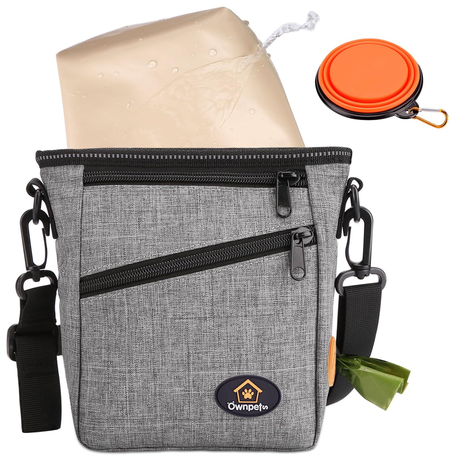 Ownpets Dog Training Pouch, Pet Treat Training Pouch with Collapsible Bowl, Shoulder Strap & Waist Strap, 4 Ways to Wear, Practical Training Bag for Dog Training, Daily Walks - Grey