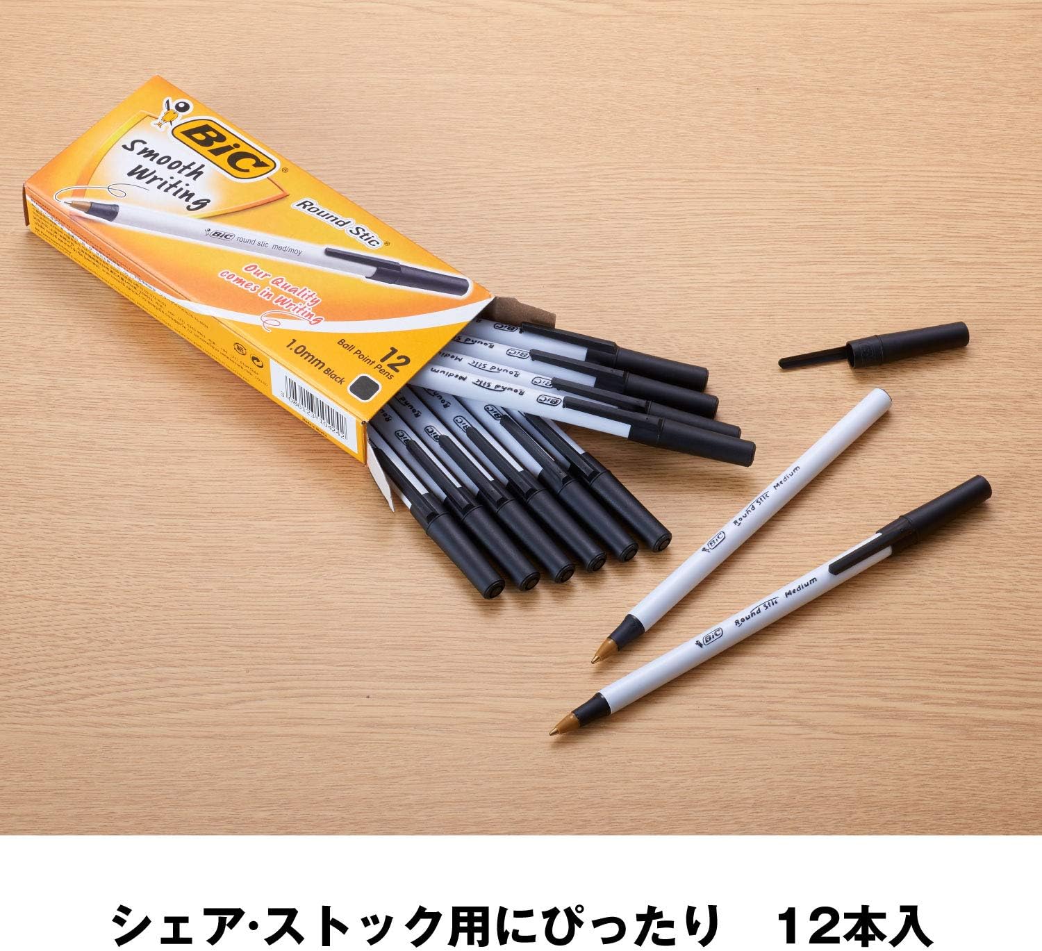 moy 1 BOX Black 12 PCS BIC Round Stic 1.0mm Ballpoint Pen med Ballpoint