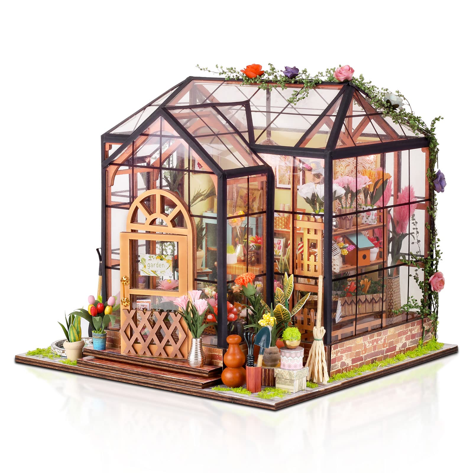 GuDoQi DIY Miniature Dollhouse Kit, Tiny House with Furniture, 1:24 Scale, Handmade Gift for Birthday Easter Day, Jenny Greenhouse Flower Shop