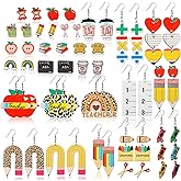Huquary 24 Pairs Teacher Earrings Appreciation Teacher Gifts Acrylic Studs Colorful Spring Pencil Apple Rainbow Shaped Dangle Earrings Lightweight Valentines Gift for Women