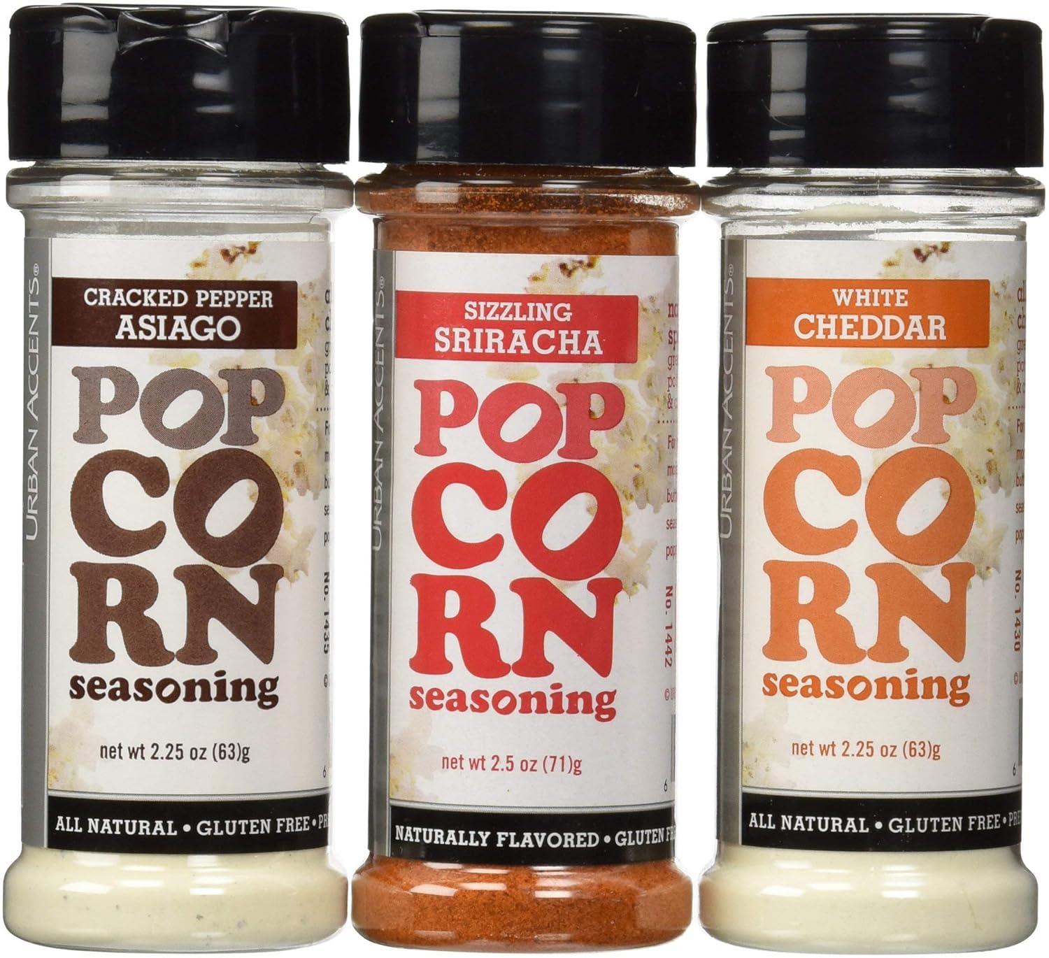 Urban Accents All Natural - Gluten Free - Non-GMO - Premium Popcorn Seasoning Variety 3 Pack - Cracked Pepper Asiago, Sizzling Sriracha, White Cheddar : Grocery & Gourmet Food
