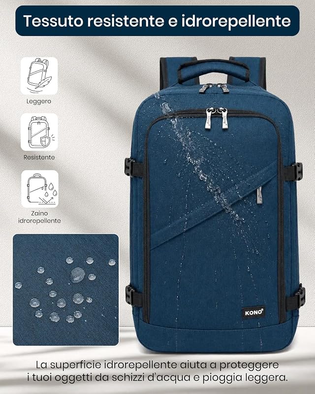 Zaino Ryanair 40x20x25, Zaino da Viaggio e Bagaglio a Mano per Aereo, Zaino Porta PC con Apertura a 180° per Wizz Air e EasyJet (40 x 20 x 25 cm, Marina Militare) — foto 4 di 7