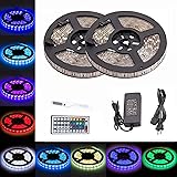 LTROP 2 Reels 12V 32.8ft Waterproof Flexible RGB LED Strip Light Kit, Color Changing SMD5050 300 LEDs, LED Strip Kit & Mini 44-key IR Controller + 12V 5A Power Supply, Adhesive Light Strips