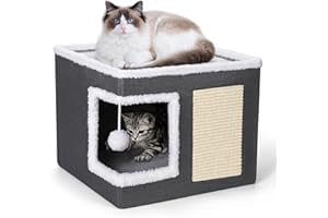 petizer Cat Bed for Indoor Cats, Large Covered Cat House with Scratch Pad, Foldable Cat Cave Bed & Hideaway Cube with Reversible Cushions, Cute Cat Condo for Multi Small Pet Kitten (Dark Grey)