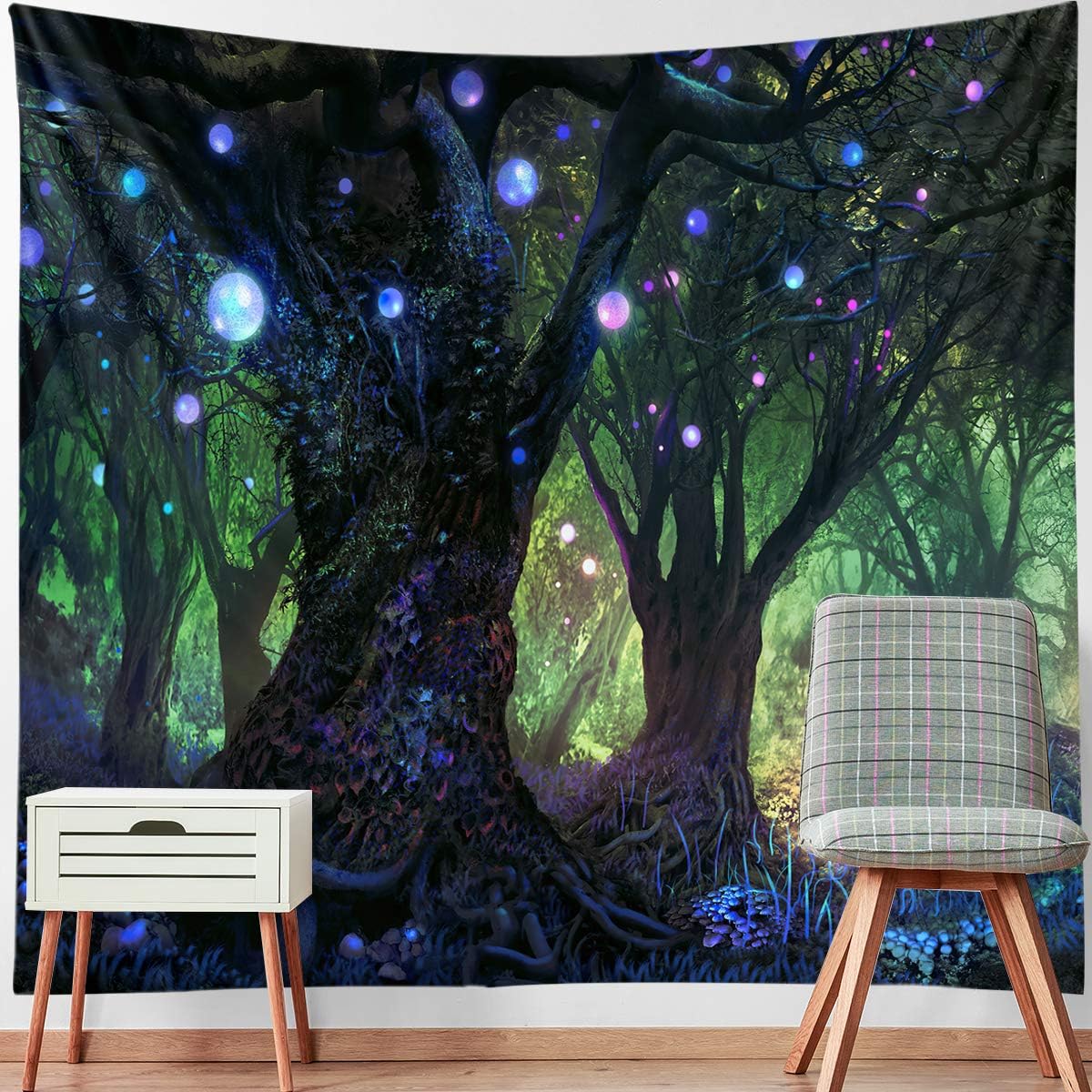 Tapestries - Forest Tapestry Home Decor Landscape Tapestry Living Room Bedroom Decoration Tapestry Magic Tapestry Curtain (Lanterns Blue Tree, 90.5''L×70.8''W)