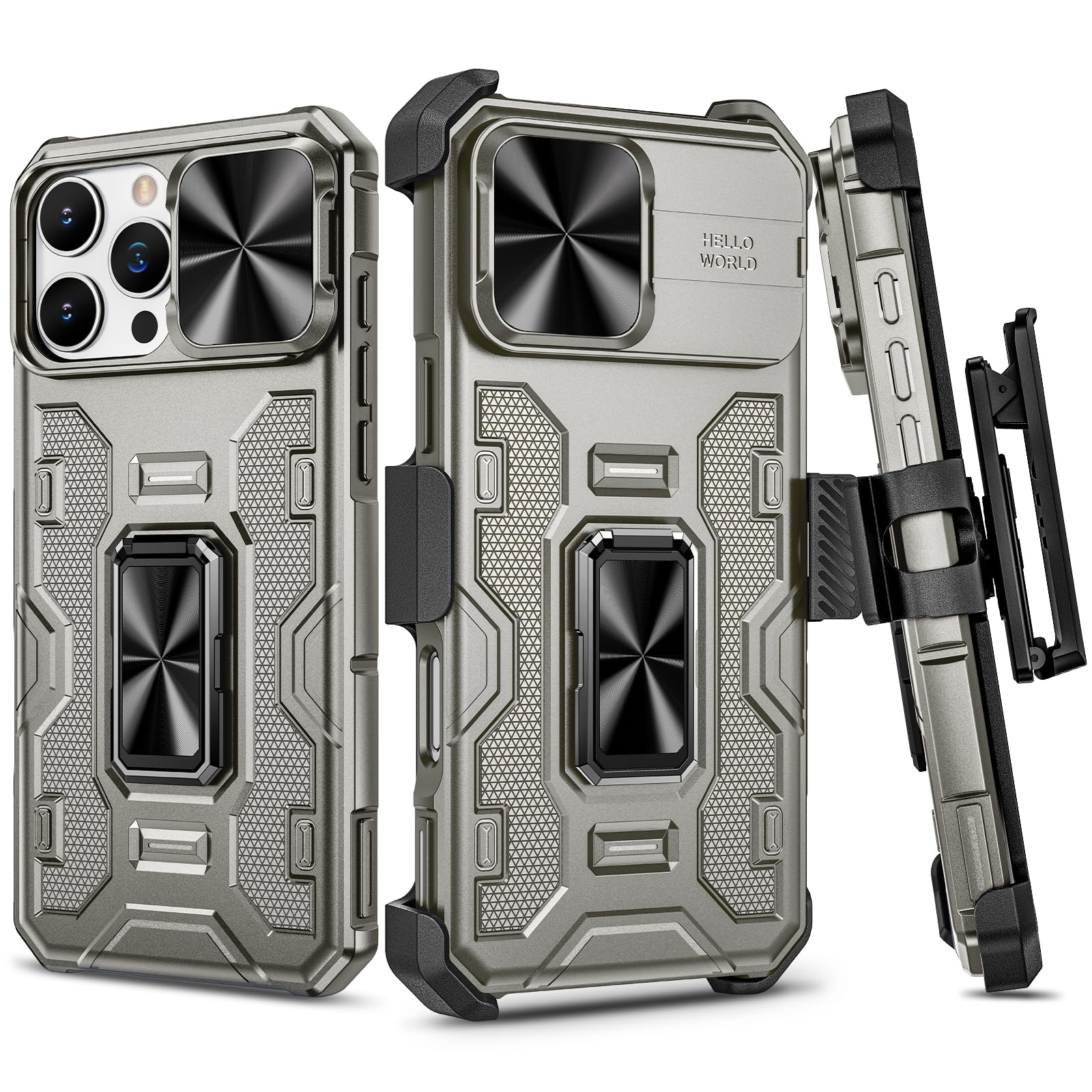 VEGO for iPhone 16 Pro Max Case with Camera Cover, 360°Rotatable Ring Kickstand & Belt Clip Holster Upgraded Military Grade Shockproof Case for iPhone 16 ProMax 5G 6.9 Inch - Titanium