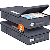 StoreHappily Under Bed Storage Containers with Lids - 2 Pack, Foldable and Stackable Clothes Storage Bags with Clear Window, 3-Sided Handles and Label Slot for Clothing, Blankets, Pillows (Grey)