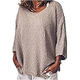Verdusa Women's Plus Size Boat Neck 3/4 Sleeve Sweater Drop Shoulder Loose Knitted Pullovers