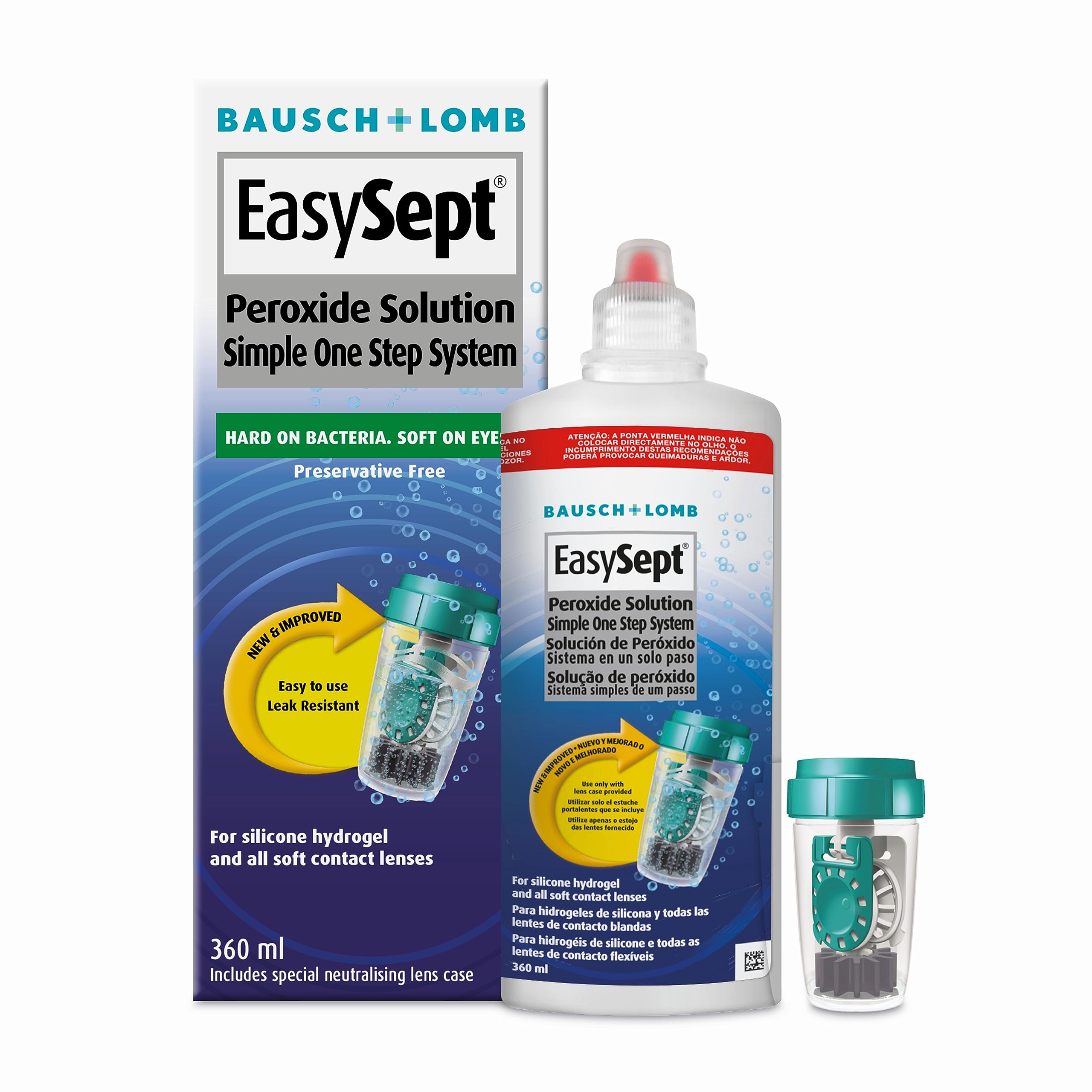 EasySept Peroxide Solution, 360ml - Contact Lens Solution with a Simple One Step System for Disinfection of Soft Contact Lenses, Lens Case with Neutralising Disc Included, Suitable for Sensitive Eyes