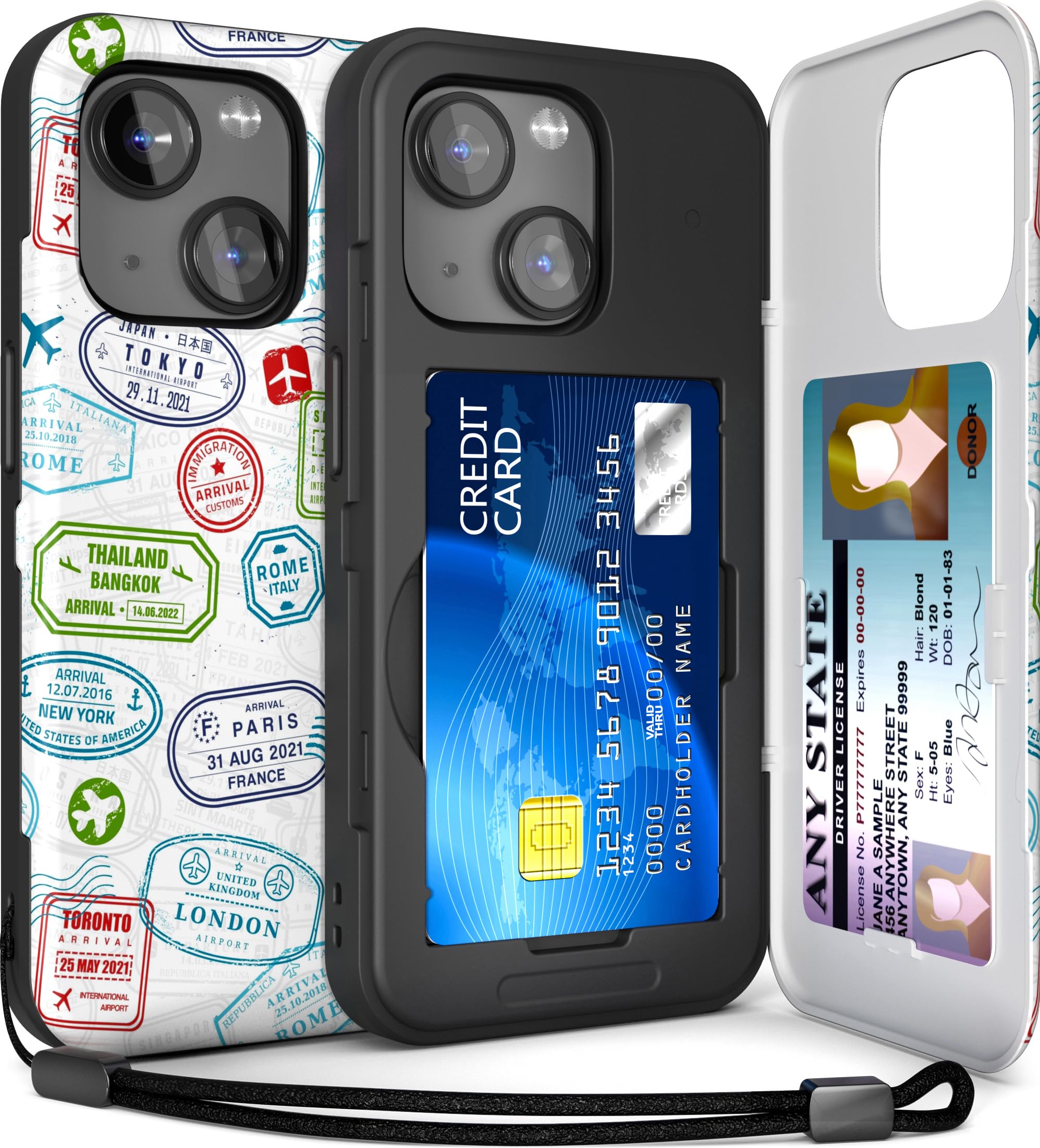 TORU for iPhone 15 Wallet Case with Card Holder, Hidden ID Credit Card Slot Flip Kickstand, Slim Fit Shockproof Heavy Duty Phone Cover with Strap - Travel Stamps Pattern