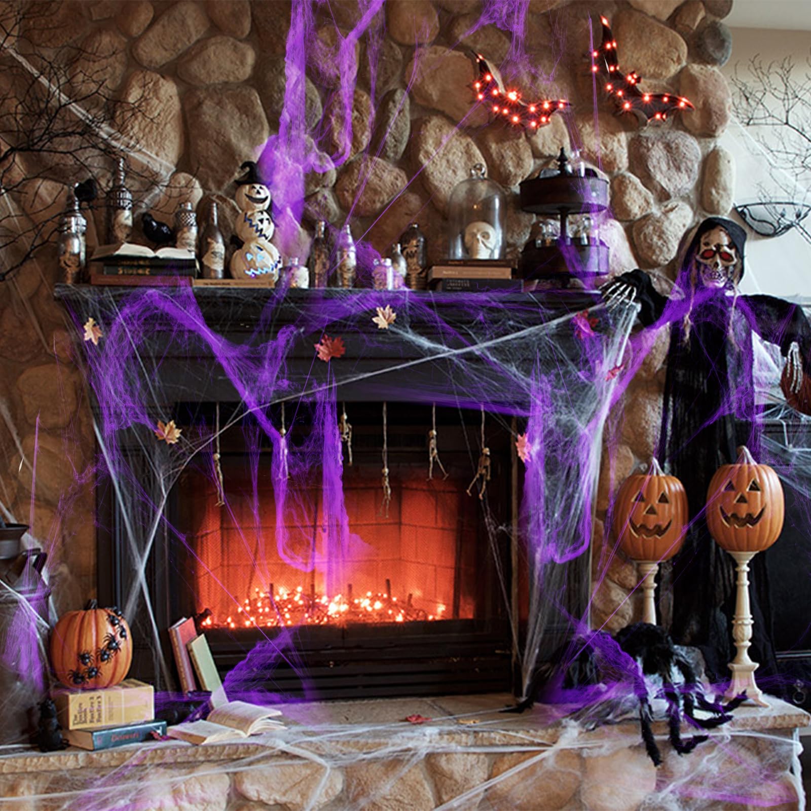 Photo 1 of 1200 sqft Halloween Spider Web Decor with 100pcs Plastic Fake Sipders, Super Stretch Purple Cobwebs for DIY Weird Ideas Halloween Party Decorations for Indoor and Outdoor Porch Use