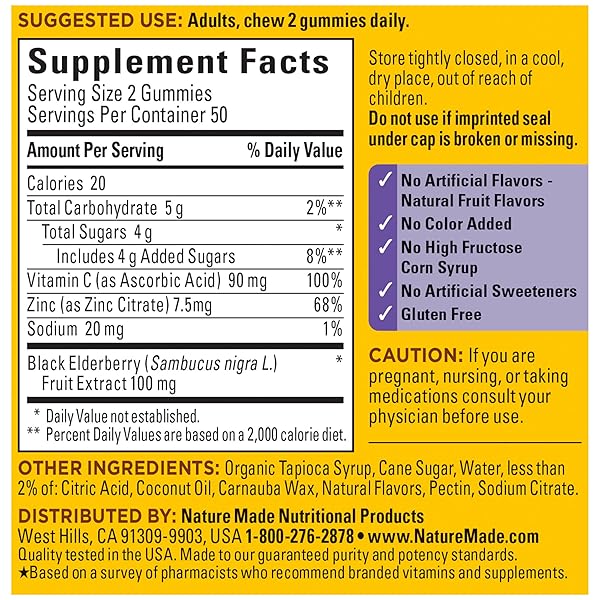 NATURE MADE ELDERBERRY WITH VITAMIN C AND ZINC, DIETARY SUPPLEMENT FOR IMMUNE SUPPORT, 100 GUMMIES, 50 DAY SUPPLY