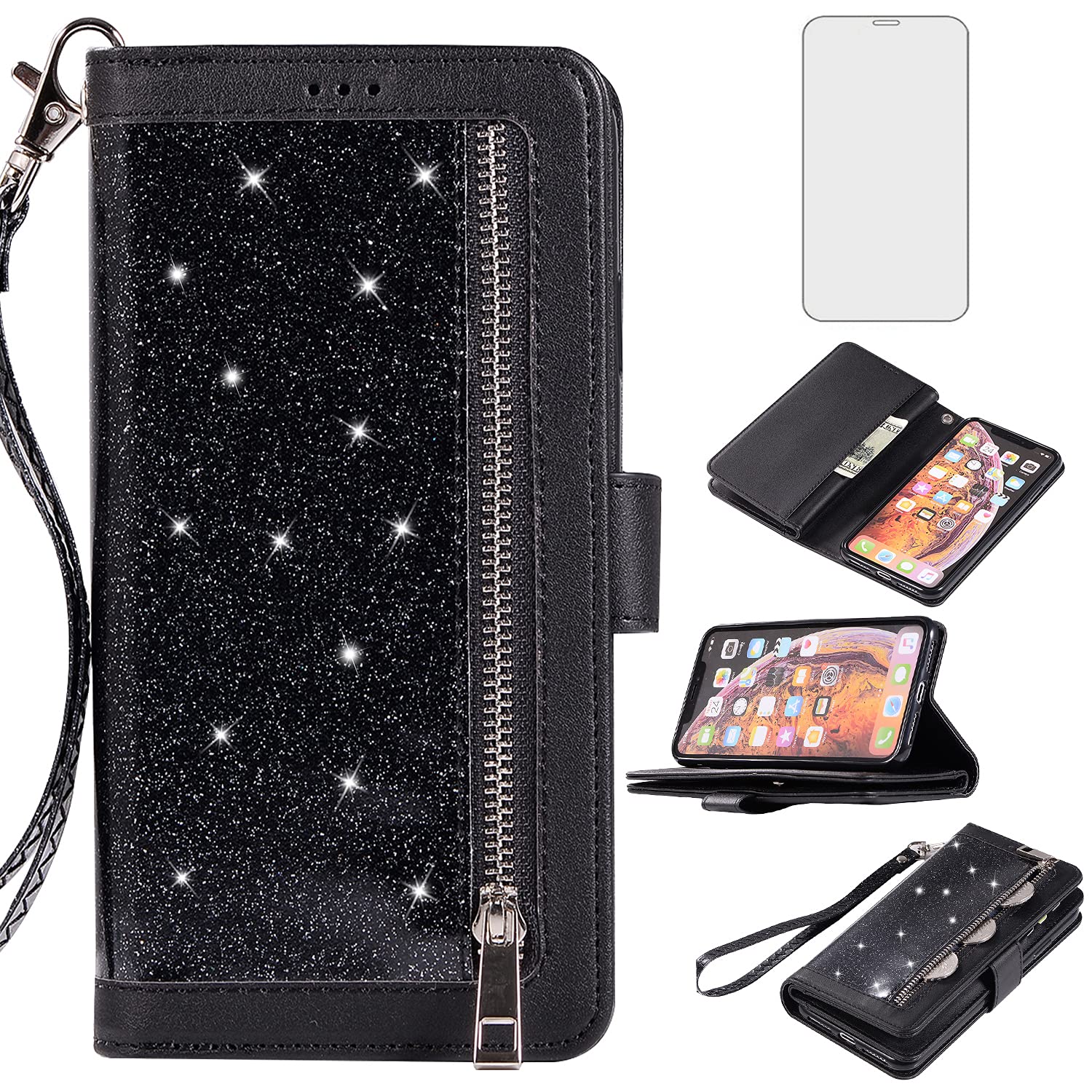 Asuwish Compatible with iPhone Xs Max Wallet Case and Tempered Glass Screen Protector Glitter Leather Flip Cover Zipper Cell Phone Cases for i X XR Xsmax 10x SX Xmax 10xs 10s 10 Plus Xmaxs Women Black