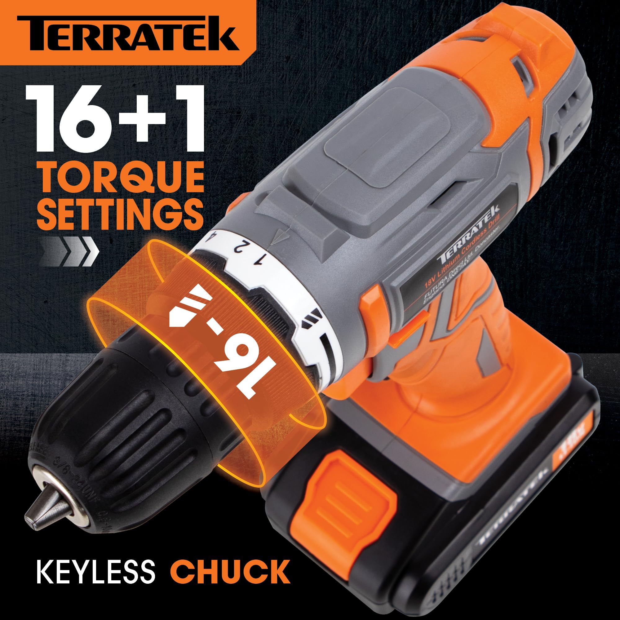 Terratek Cordless Drill Driver 18V Lithium-Ion, 13Pc Electric Screwdriver Set, LED Work Light, Electric Drill Quick Change Power Drill Battery and Charger Included