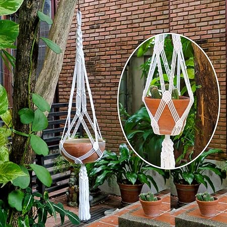 ecofynd Macrame Cotton Boho Plant Hanger [Without Pot] | Rope Flower Pot Holder for Indoor Outdoor Balcony Gardening (M23, Pack of 3, 45 inches)