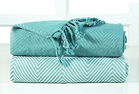 EHC Tagesdecke Luxus 2 Stück Chevron Baumwolle Single Sofa Überwurf Decke, 125 x 150 cm, Blaugrün, 2 Stück