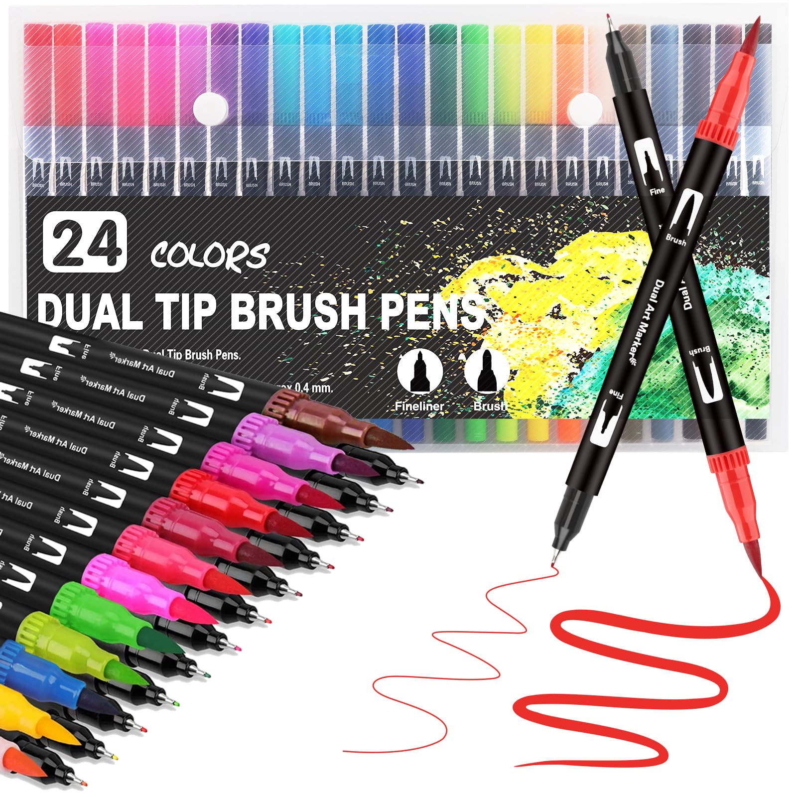 Funnasting Colouring Pens Dual Tip Brush Pens, 24 Colors Felt Tip Pens for Adults, Brush Marker Pens for Colouring Book Journal Drawing Lettering Sketching
