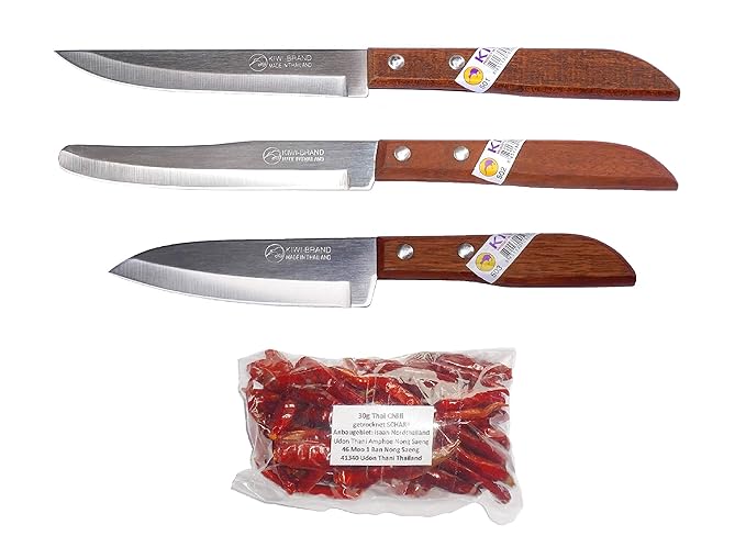 kiwiandkomkom 3 x Kiwi Thai Gemüsemesser # 501 Schälmesser #502 Obstmesser #503 Asia Messer Set + 30g Thai Chilli aus Nord Th