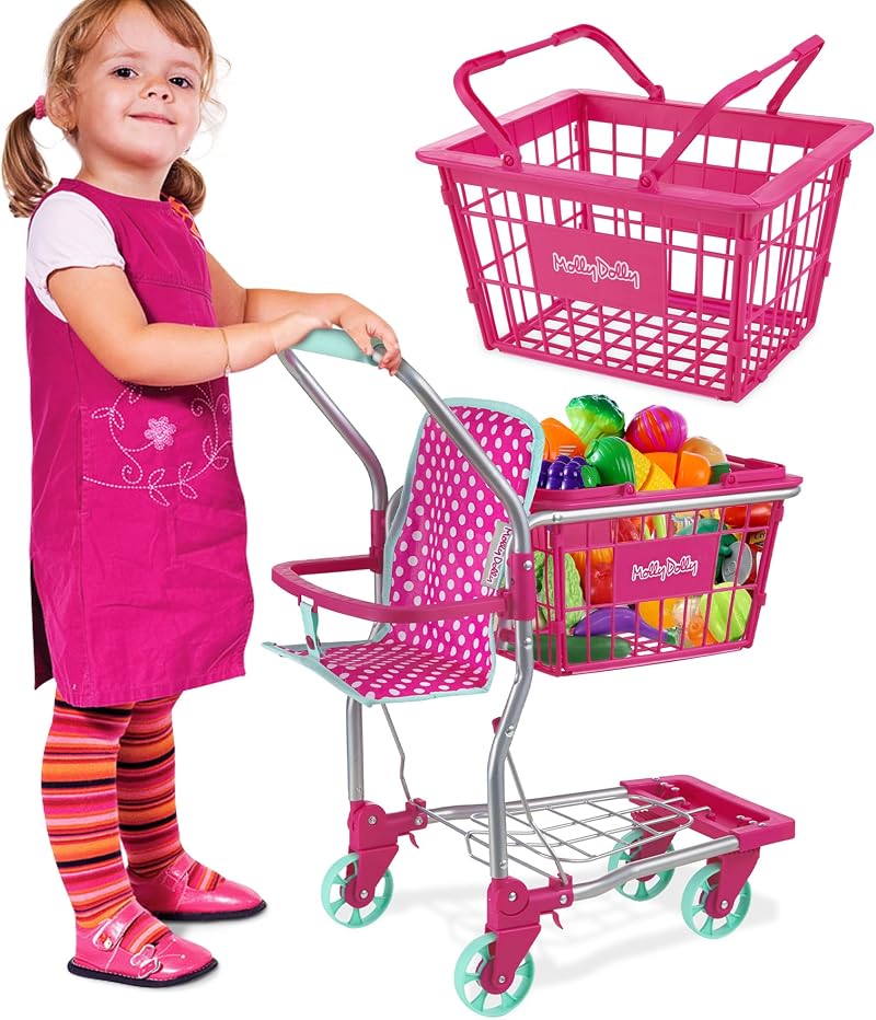 Molly Dolly 2 in 1 Kids Shopping Trolley & Basket Playset 63cm Handle