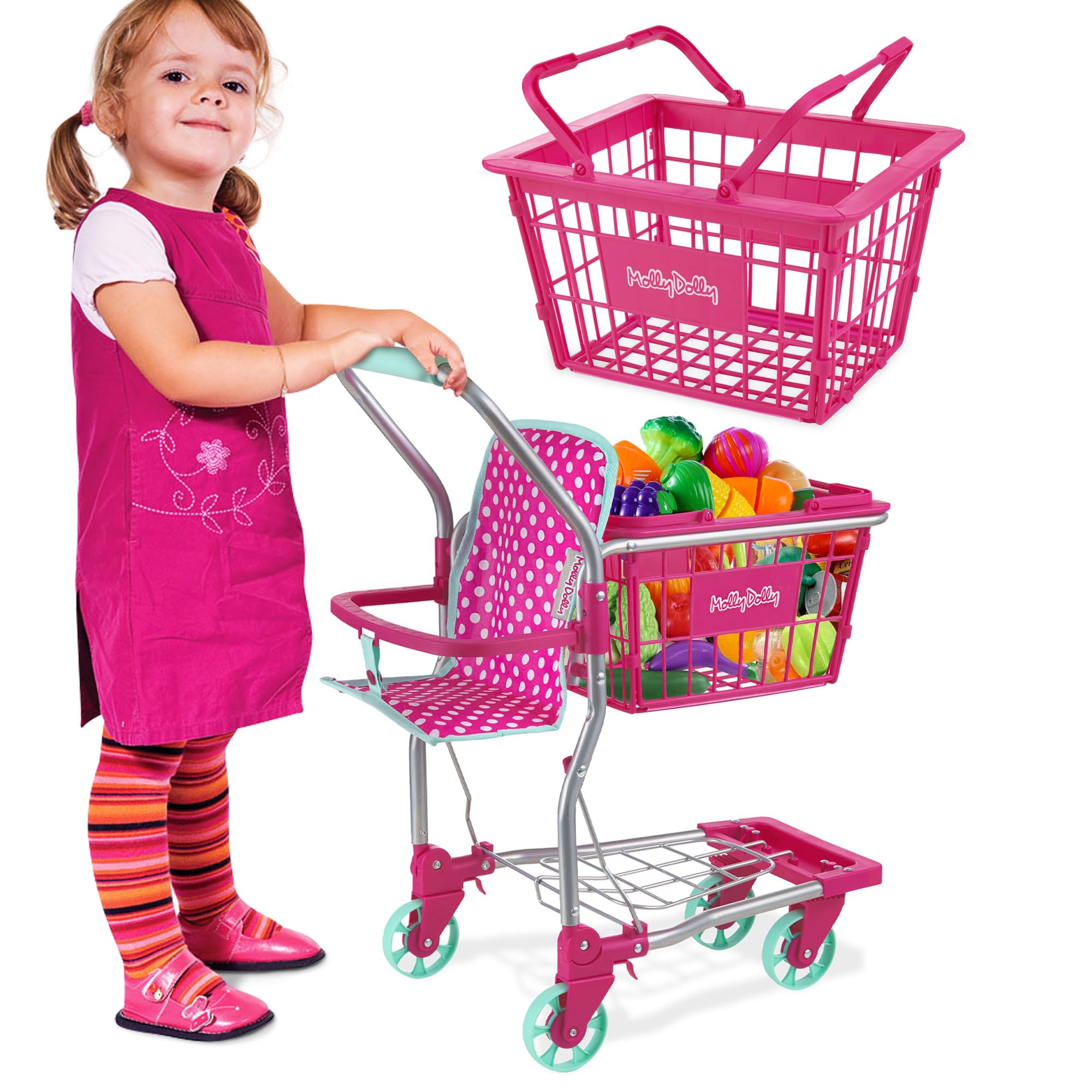 Molly Dolly 2 in 1 Kids Shopping Trolley & Basket Playset - Toy Shopping Cart For Kids