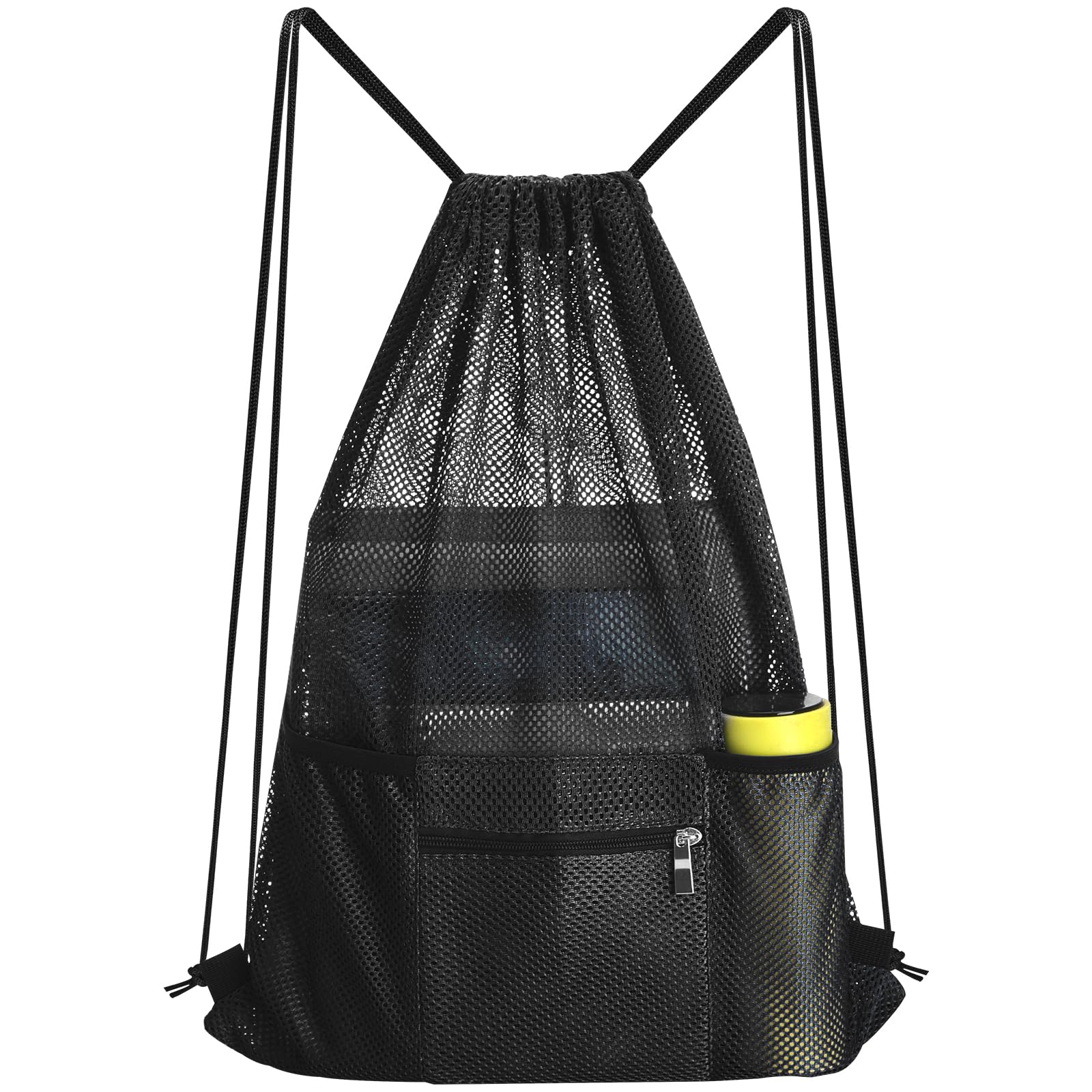 Photo 1 of NATURAL STYLE Mesh Drawstring Backpack Bag, Gym Sports Bag with Zipper Pocket Bottle Holder, String Beach Bag for Swiming Travel (Black)