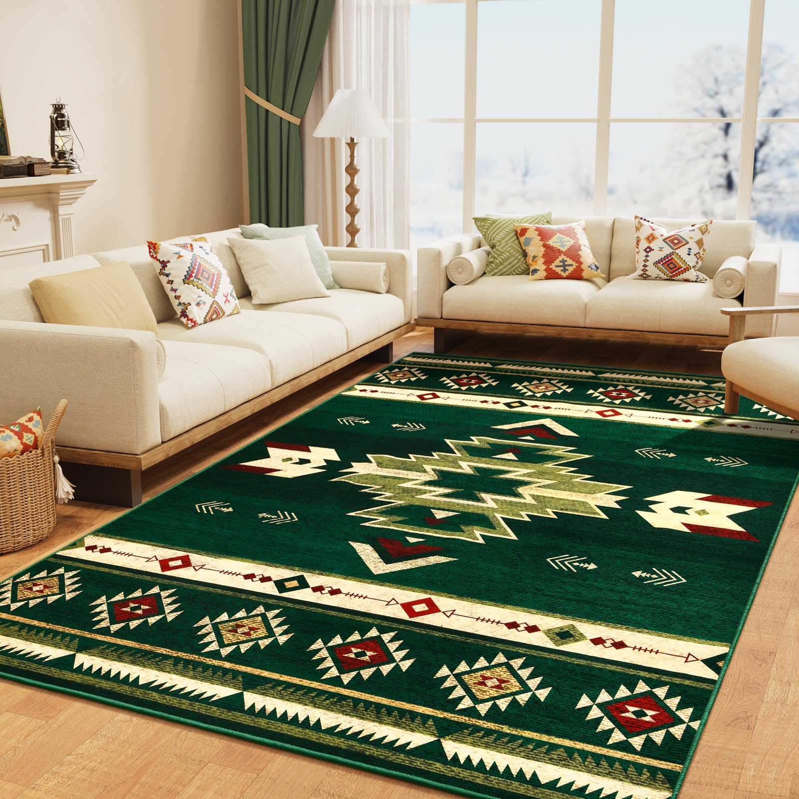 Photo 1 of B BENRON Western Rugs for Living Room, Non Slip Rustic Rug for Bedroom Dining Table Kitchen, Washable Aesthetic Area Rugs for Home Decor, 5ft x 7ft, Green
