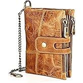 Alkenred Small Wallet Women Leather Chain Compact Card Holder Zipper Pocket Wallet RFID Blocking Card Case Purse with ID Window(brown)