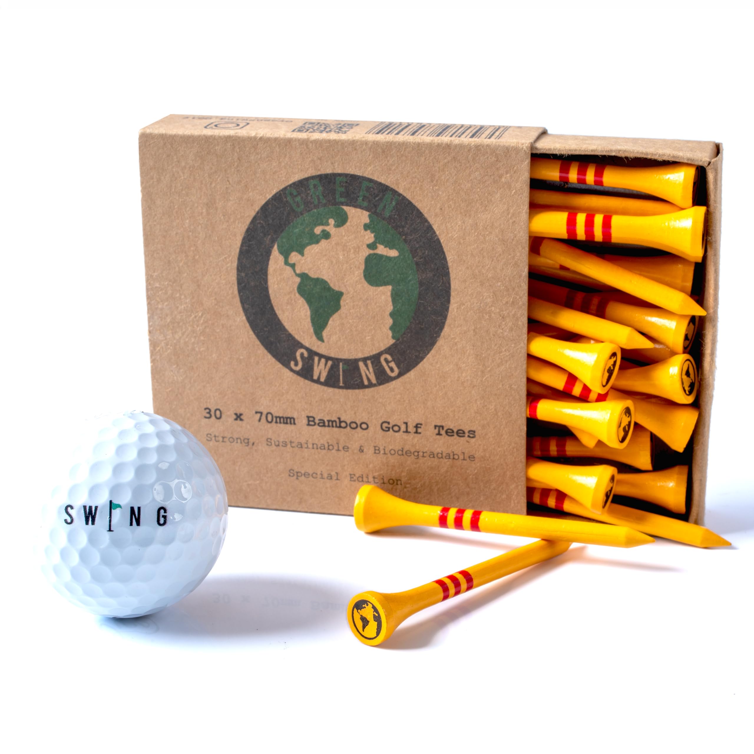 Green Swing Bamboo Golf Tees 70mm | Strong Sustainable Biodegradable | 30pcs (Yellow)