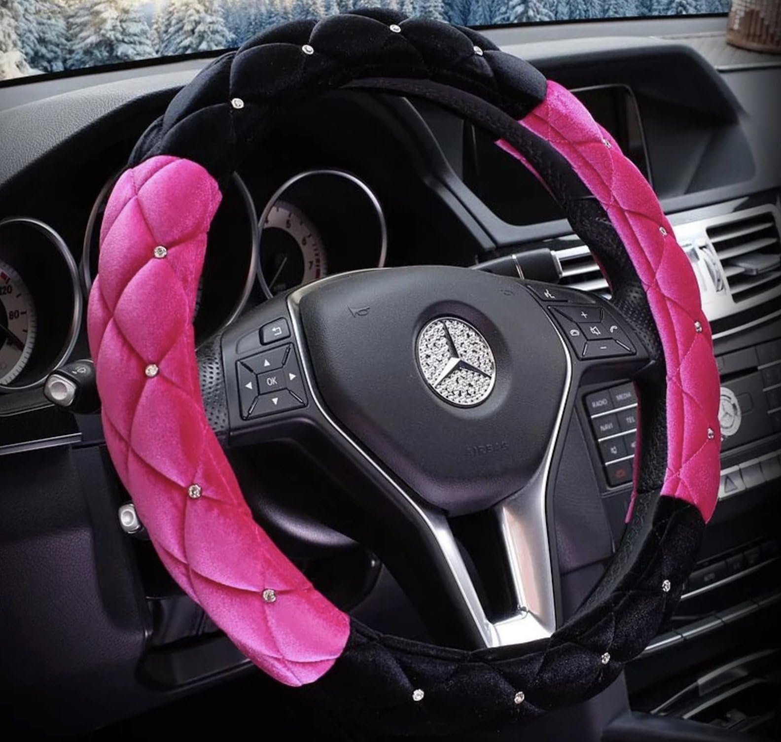 Black and Hot Pink Winter Short Plush Car Steering Wheel Cover Crystal Rhinestone Auto Fur Steering-Wheel Covers Cases Universal Size 15”