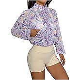 OYOANGLE Women's Floral Cropped Athletic Sports Jacket Full Zip Lightweight Running Workout Jacket Mesh Activewear for Gym