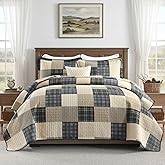 DDUOXIN King Quilt Set - 100% Cotton Quilts with 2 Pillow Shams, Country Rustic Plaid Bedspread Lightweight Thin Comforter Bedding for All Seasons, Charcoal/Beige/Brown/Blue, King(106" W x 98" L)