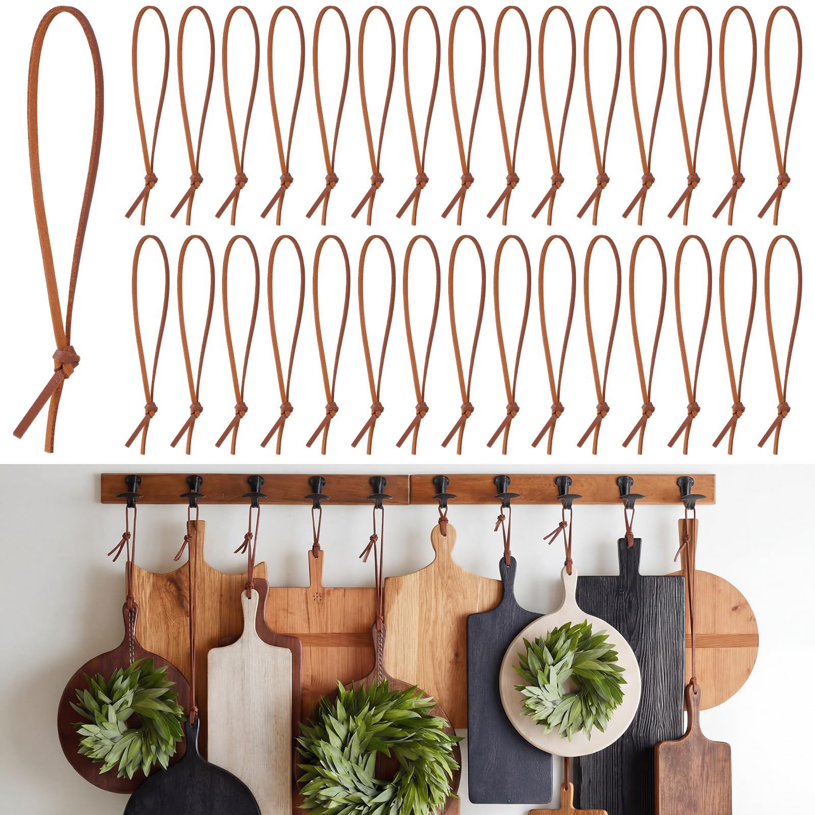 Photo 1 of Yeyeplum 100 Pcs Flat Leather Hanging Strap for Kitchen Cutting Board 3 mm Hanging Rope Rustic Rack Hanger Display Holder Leather String for Farmhouse Home Wall Decoration Kitchen Knife Board Supplies