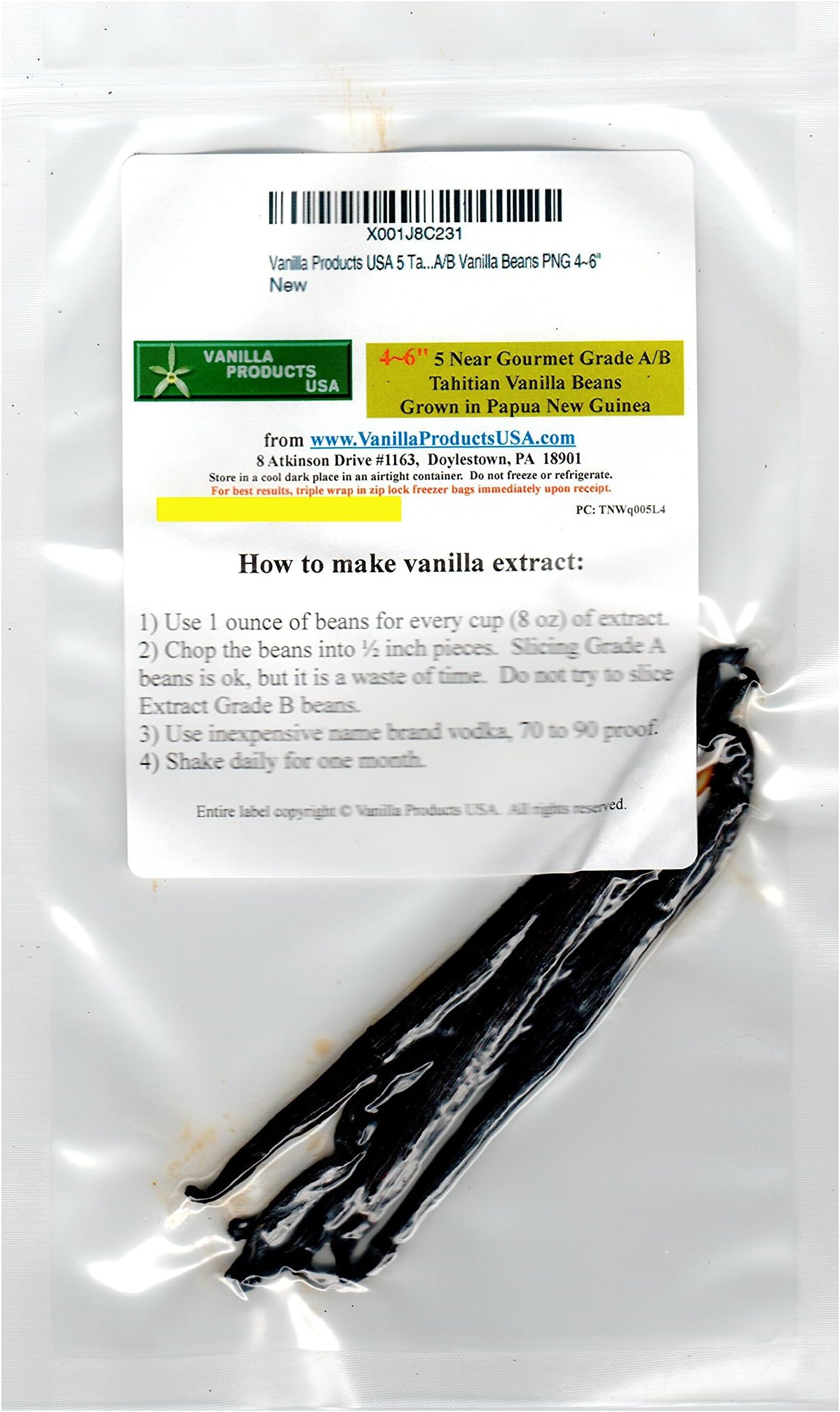 Vanilla Products USA 5 Tahitian Near Gourmet Grade A/B Vanilla Beans PNG 4~6"