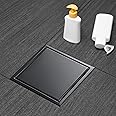 Elefloom Square Shower Drain, Black Shower Drain 6 inch with Flange and 2 in 1 Tile-Insert Cover, AISI 304 Stainless Steel Matte Black Shower Floor Drain with Hair Catcher and Flange
