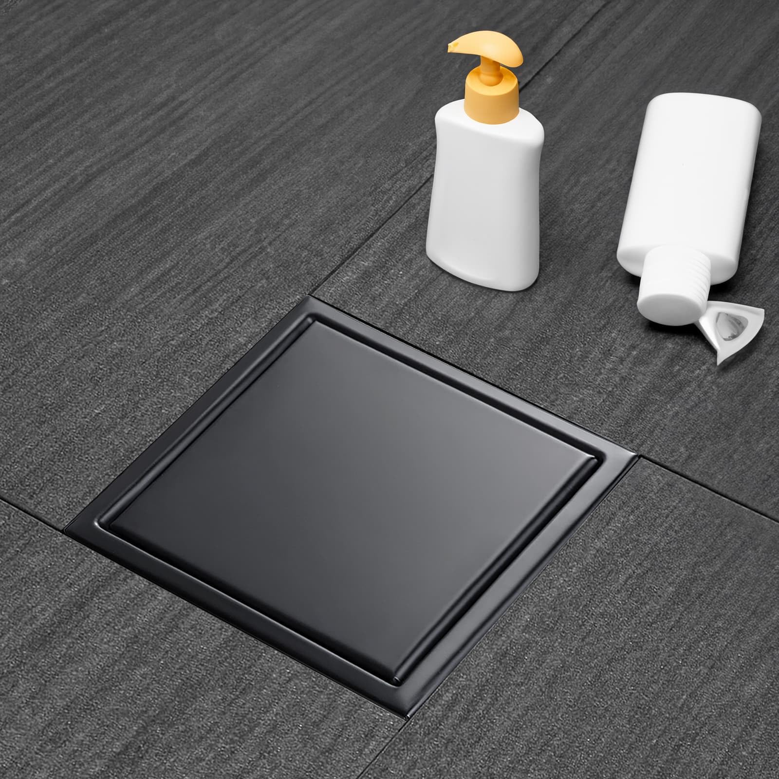 Elefloom Square Shower Drain, Black Shower Drain 6 inch with Flange and 2 in 1 Tile-Insert Cover, AISI 304 Stainless Steel Matte Black Shower Floor Drain with Hair Catcher and Flange Image